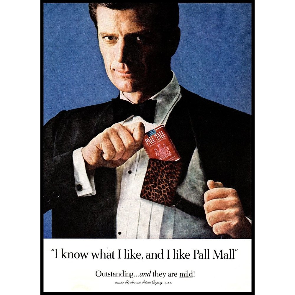 1965 Pall Mall Cigarettes Vintage Print Ad Man Tuxedo Leopard Holster Wall Art